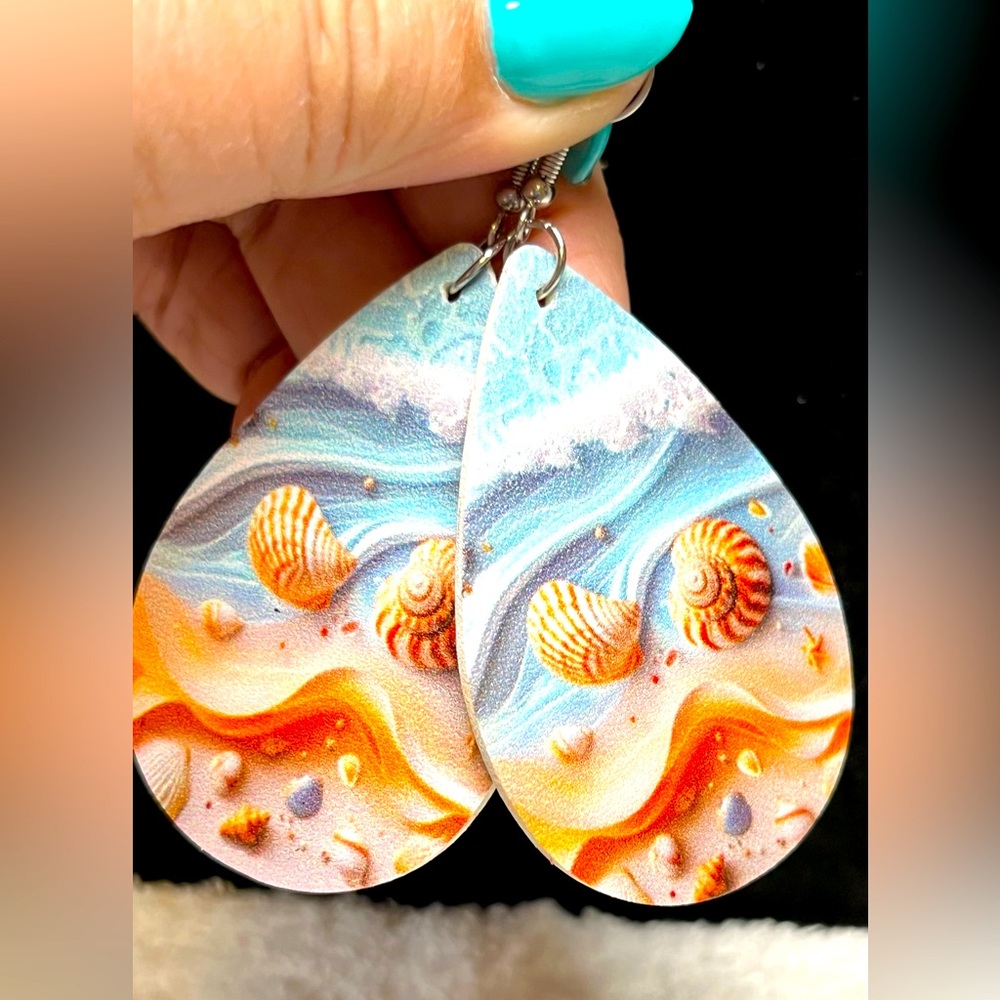 LAST CHANCE Cloth vinyl earring sandy beach /ocean theme/double sided NEW